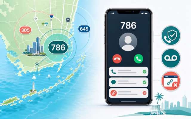 Illustrated South Florida map with 786, 305, and 645 area codes beside a phone showing 786 call and text safety cues